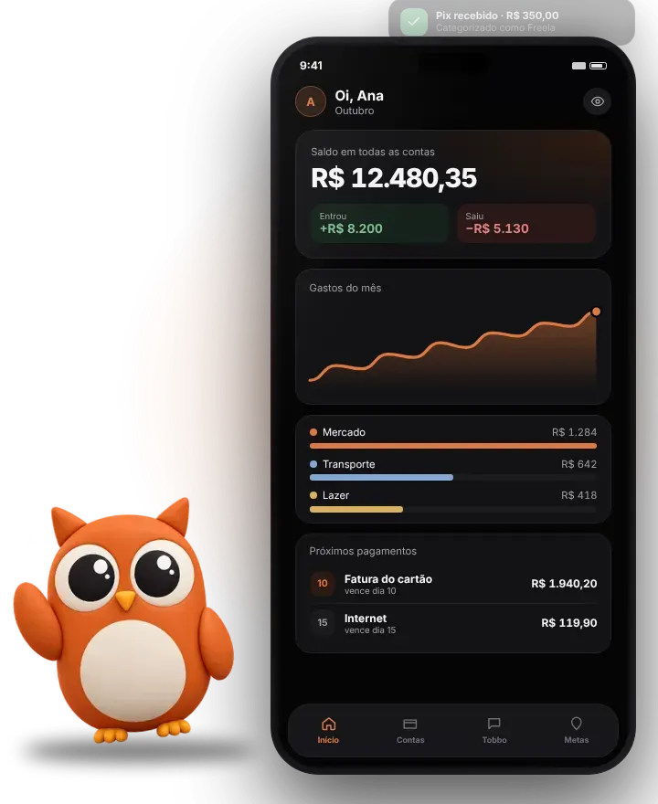 Tobbo Finanças: app de controle de gastos com Open Finance e IA
